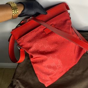 Gucci Red Nylon Leather Guccissima Messenger Bag